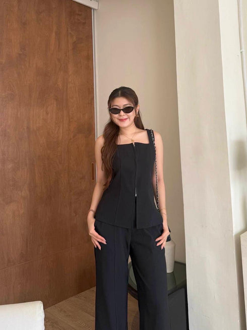 Women Classy Zipper Square Blouse With Trousers Sets